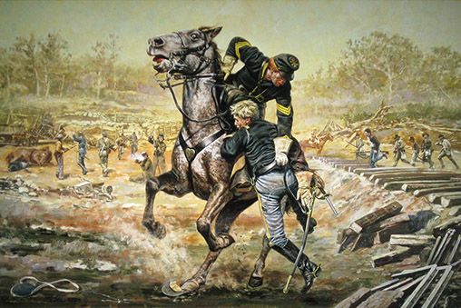 First Sergeant Schmidt depicted rescuing his commanding officer - Battle of Winchester, Virginia (Painting by Don Stivers).