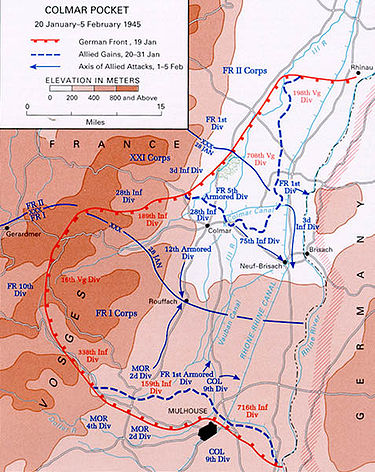 Map illustrating the Colmar Pocket, January 20 - February 5, 1945.