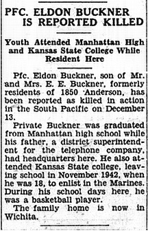 Eldon Buckner's death reported in the Manhattan Mercury, January 4, 1945.