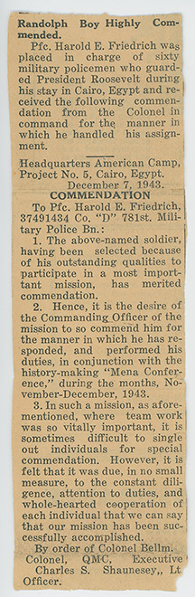 Article describing Cpl Friedrich's commendation for his performance while escorting President Roosevelt.