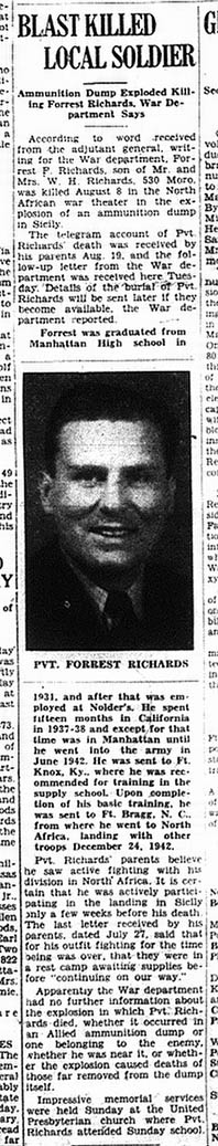 Private Forrest Richards' death reported in the Manhattan Mercury, August 28, 1943.